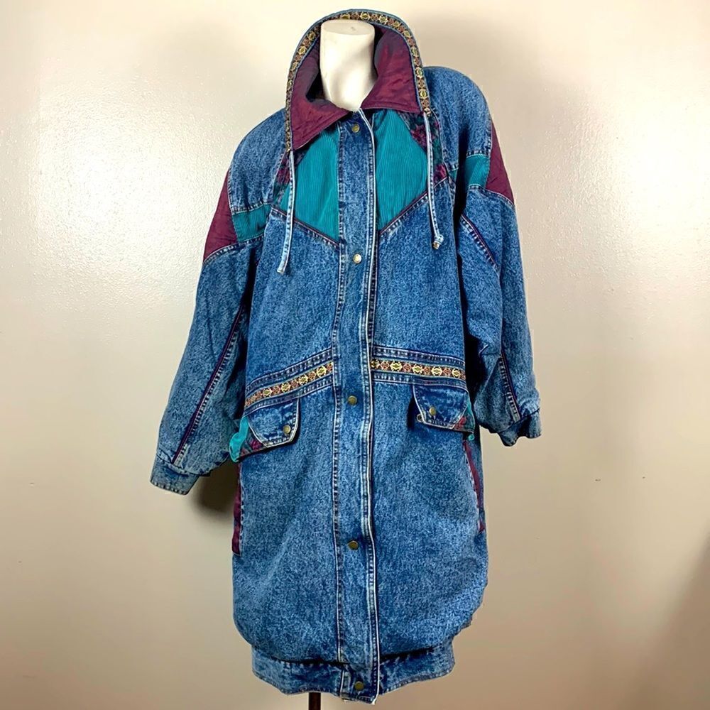 Vintage 80s 90s Acid Washed Current Seen oversized Applique Denim Coat large